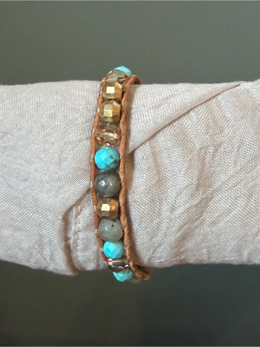 Chan Luu Turquoise Labradorite Gold Bead Single Wrap Leather Bracelet Boho - Picture 5 of 8